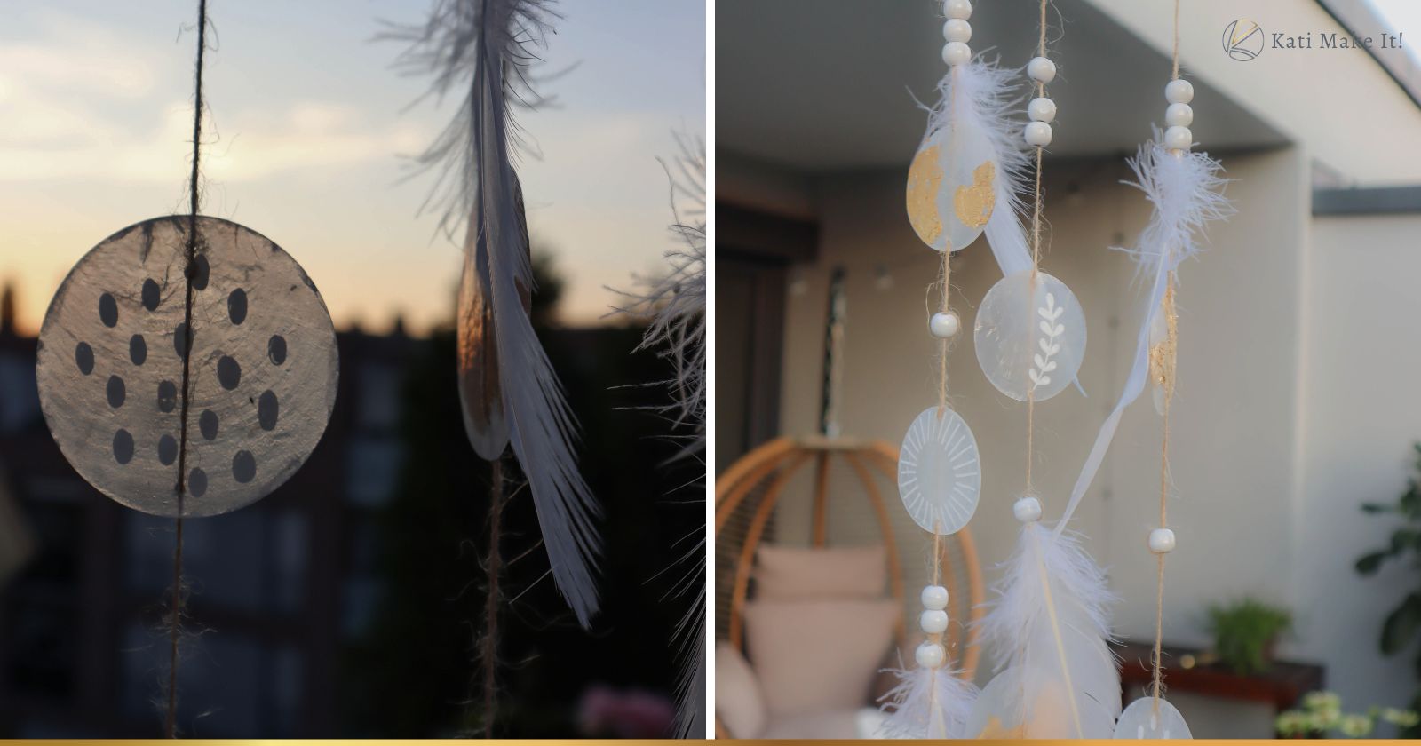 Windspiel basteln aus Naturmaterialien: Ich zeige dir, wie du ein bezauberndes Boho-Windspiel mit Muschelscheiben, Federn und Holzperlen selbst gestalten kannst. Die perfekte DIY-Idee für eine individuelle Garten- oder Hochzeitsdekoration.